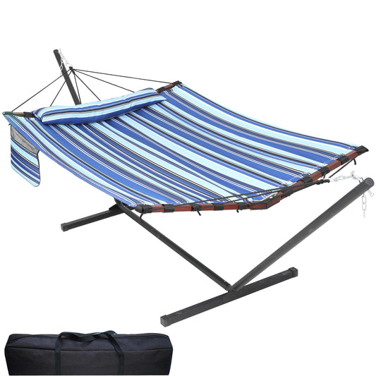12FT 2 Person Hammock with Stand Included 55 x 79IN Large Hammock 450LB Capacity with V Shaped Hardwood Spreader Bar & Nylon Rope for Outside, Patio, Garden, Backyard, Beach - Blue Stripes