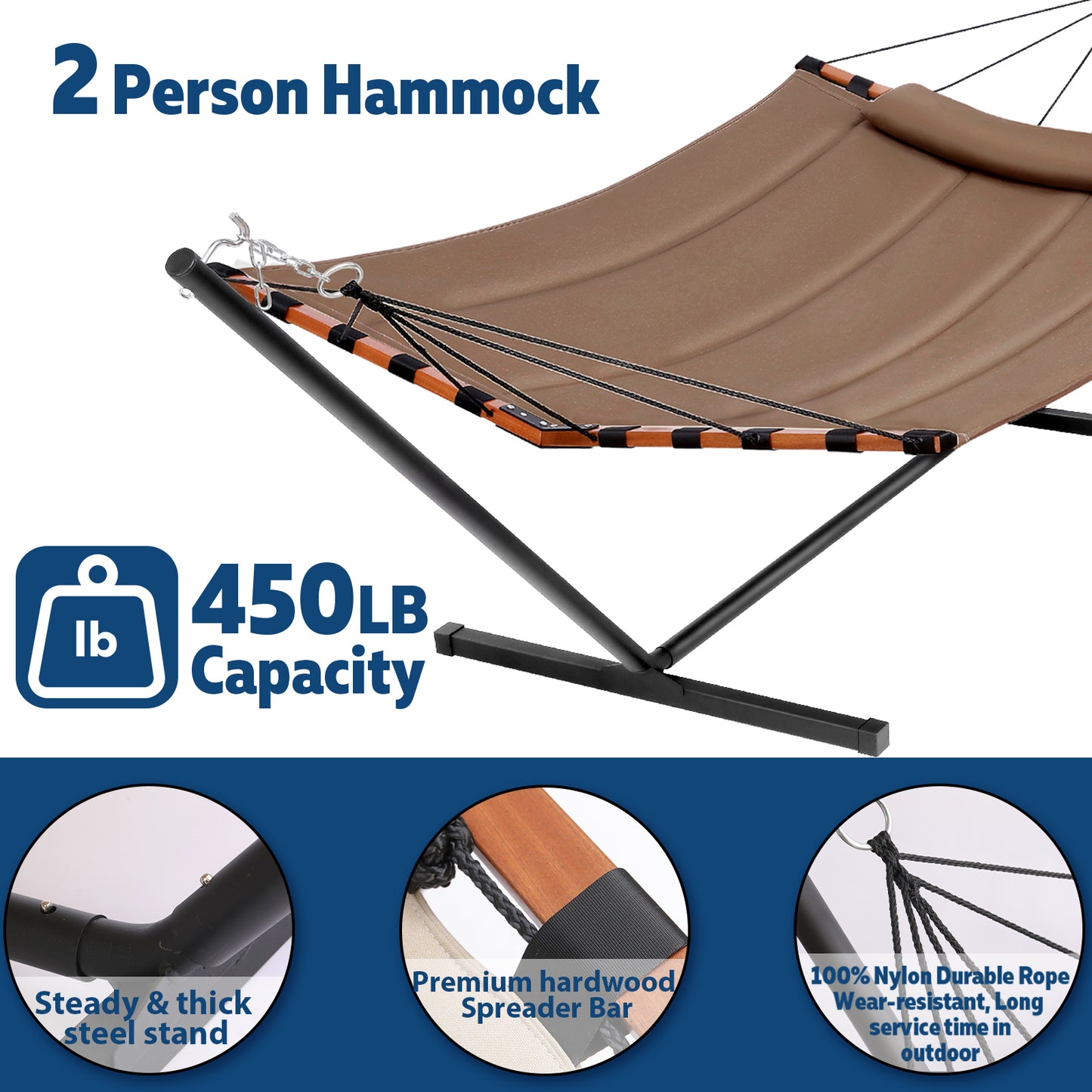 TegerDeger 12FT 2 Person Hammock with Stand Included 55 x 79IN Large Hammock 450LB Capacity with Hardwood Spreader Bar & Nylon Rope for Outside, Patio, Garden, Backyard, Beach, Poolside - Brown