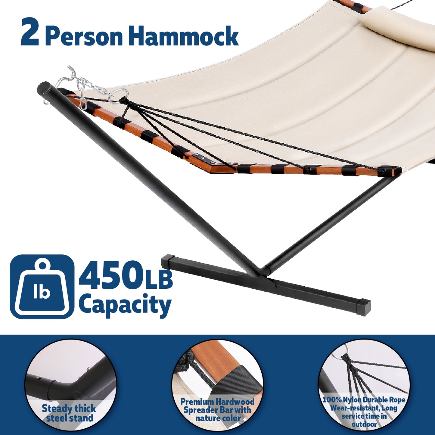 TegerDeger 12FT 2 Person Hammock with Stand Included 55 x 79IN Large Hammock 450LB Capacity with Hardwood Spreader Bar & Nylon Rope for Outside, Patio, Garden, Backyard, Beach, Poolside - Beige