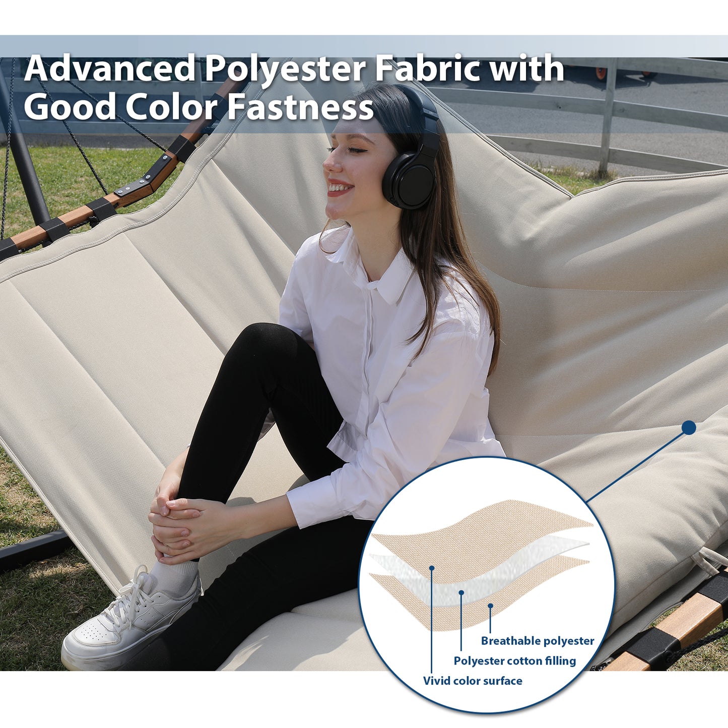 TegerDeger 12FT 2 Person Hammock with Stand Included 55 x 79IN Large Hammock 450LB Capacity with Hardwood Spreader Bar & Nylon Rope for Outside, Patio, Garden, Backyard, Beach, Poolside - Beige