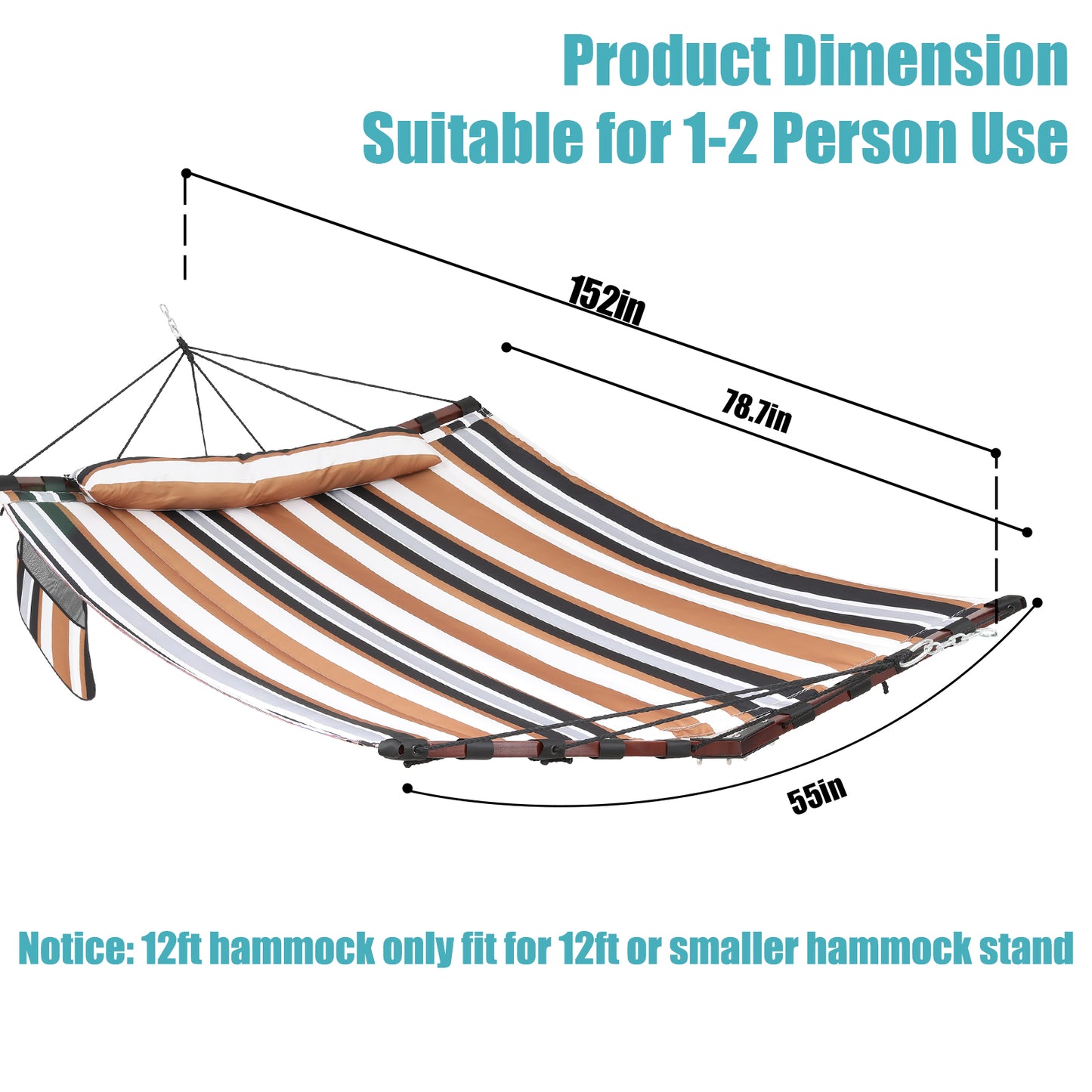 12FT 2 Person Hammock Large Hammock 450LB Capacity with V Shaped Hardwood Spreader Bar & Nylon Rope for Outside, Patio, Garden, Backyard, Beach, Poolside - Coffee Stripes