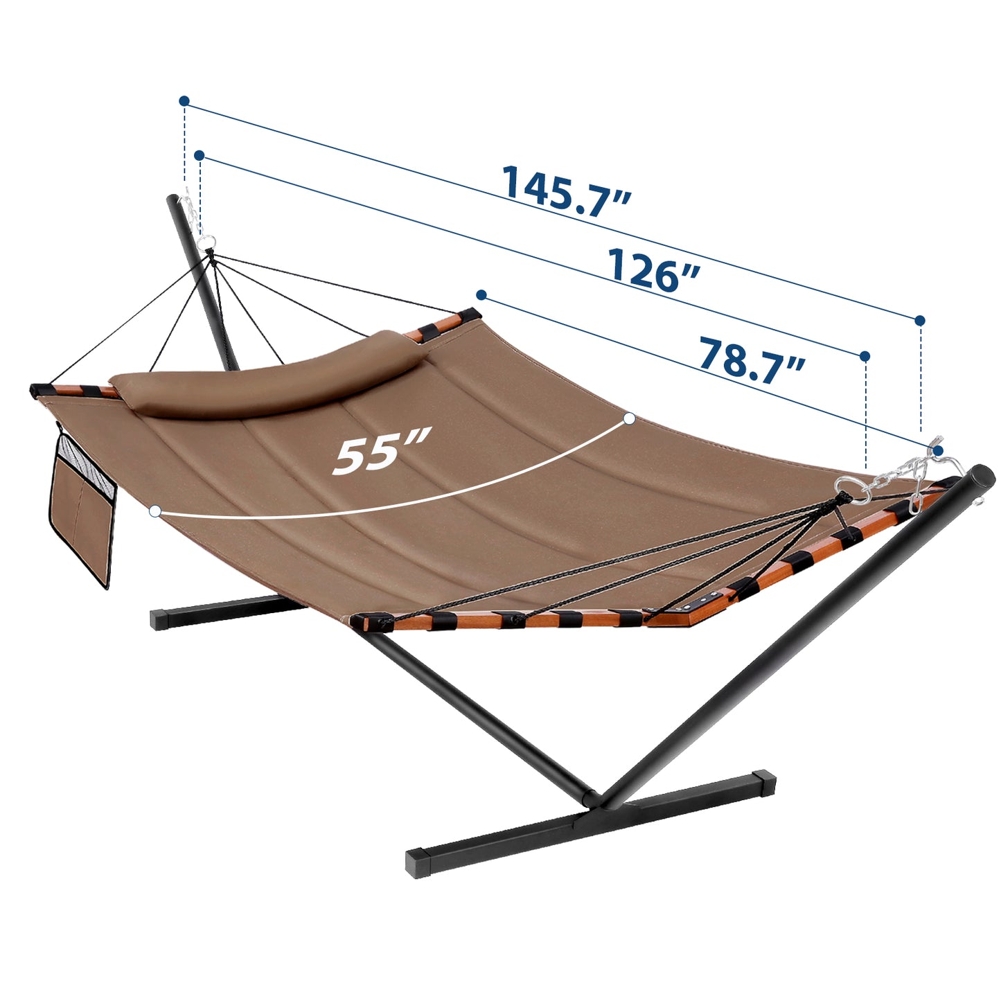 TegerDeger 12FT 2 Person Hammock with Stand Included 55 x 79IN Large Hammock 450LB Capacity with Hardwood Spreader Bar & Nylon Rope for Outside, Patio, Garden, Backyard, Beach, Poolside - Brown