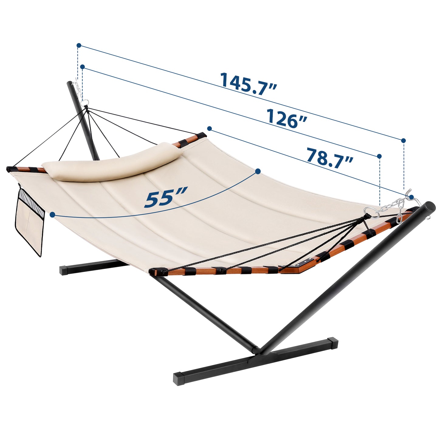 TegerDeger 12FT 2 Person Hammock with Stand Included 55 x 79IN Large Hammock 450LB Capacity with Hardwood Spreader Bar & Nylon Rope for Outside, Patio, Garden, Backyard, Beach, Poolside - Beige