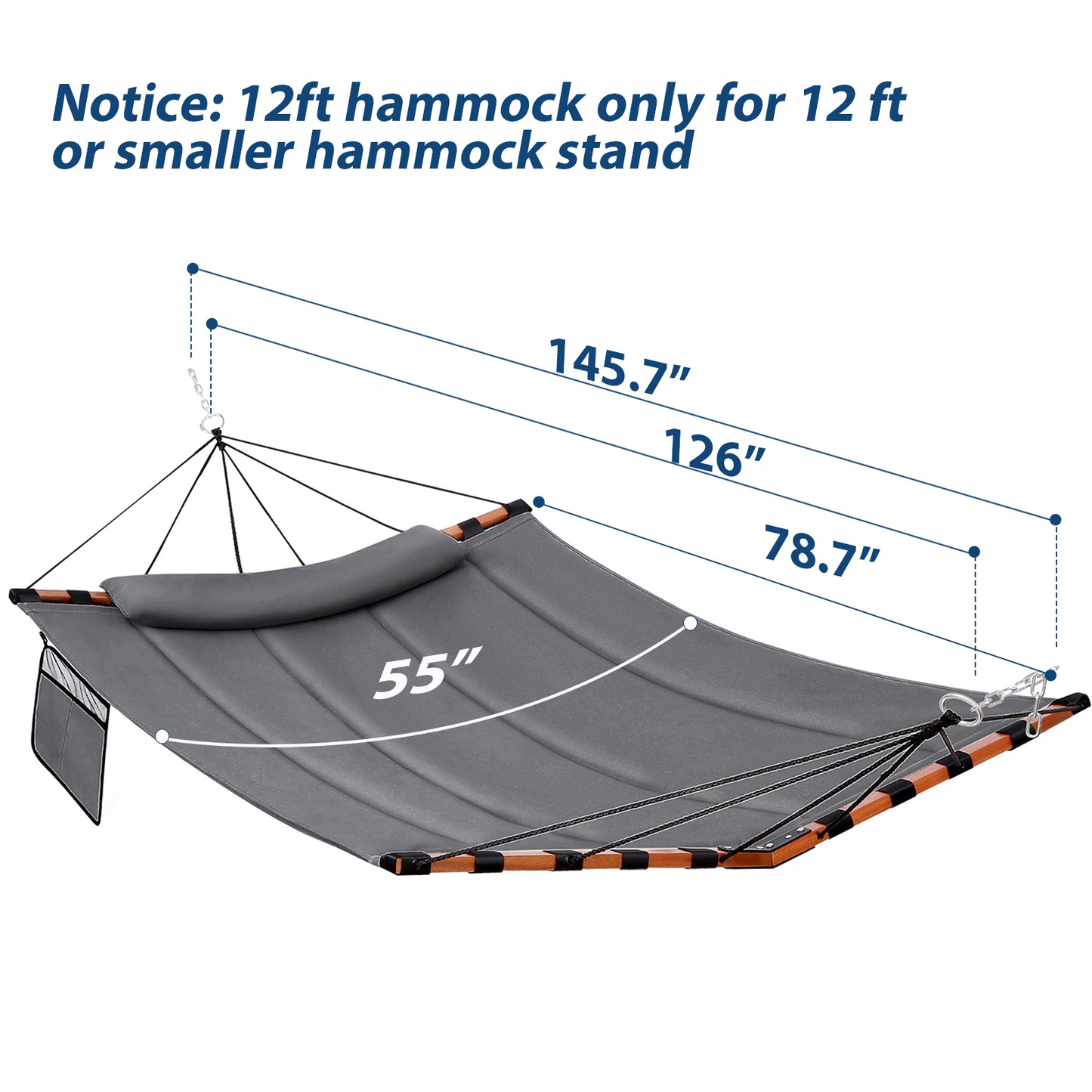 TegerDeger 12FT 2 Person Hammock Large Hammock 450LB Capacity with V Shaped Hardwood Spreader Bar & Nylon Rope for Outside, Patio, Garden, Backyard, Beach, Poolside - Gray
