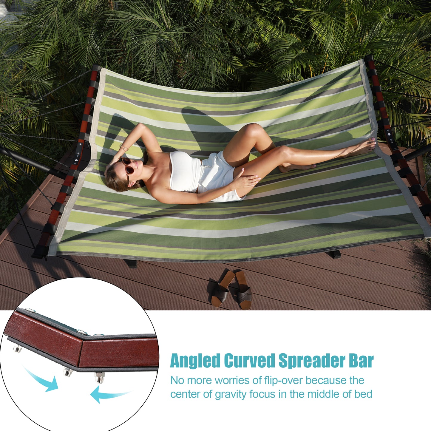 TegerDeger 12FT 2 Person Hammock Large Hammock Quick Dry 450LB Capacity with V Shaped Hardwood Spreader Bar & Nylon Rope for Outside, Patio, Garden, Backyard, Beach, Poolside - Tender Green Stripes