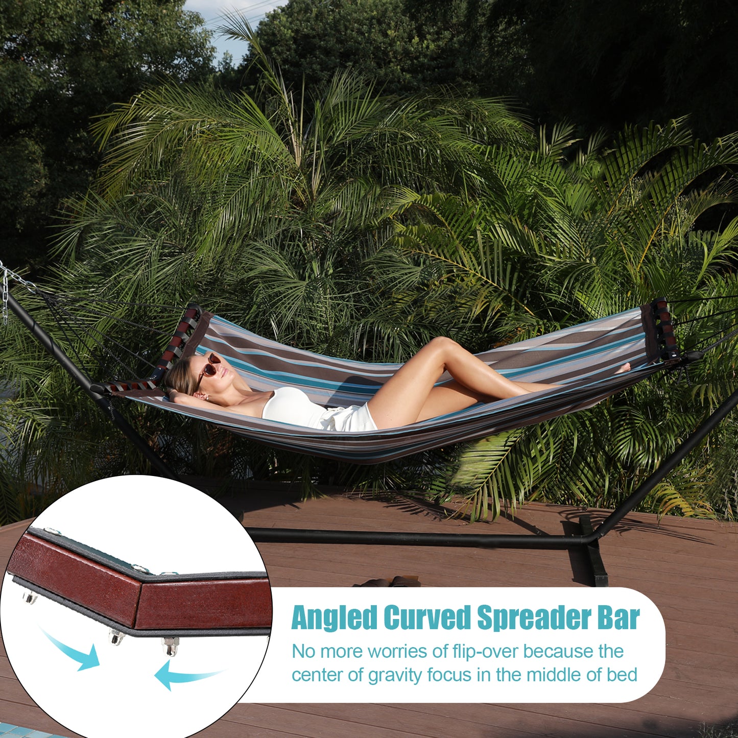 TegerDeger 12FT 2 Person Hammock Large Hammock Quick Dry 450LB Capacity with V Shaped Hardwood Spreader Bar & Nylon Rope for Outside, Patio, Garden, Backyard, Beach, Poolside - Brown Stripes
