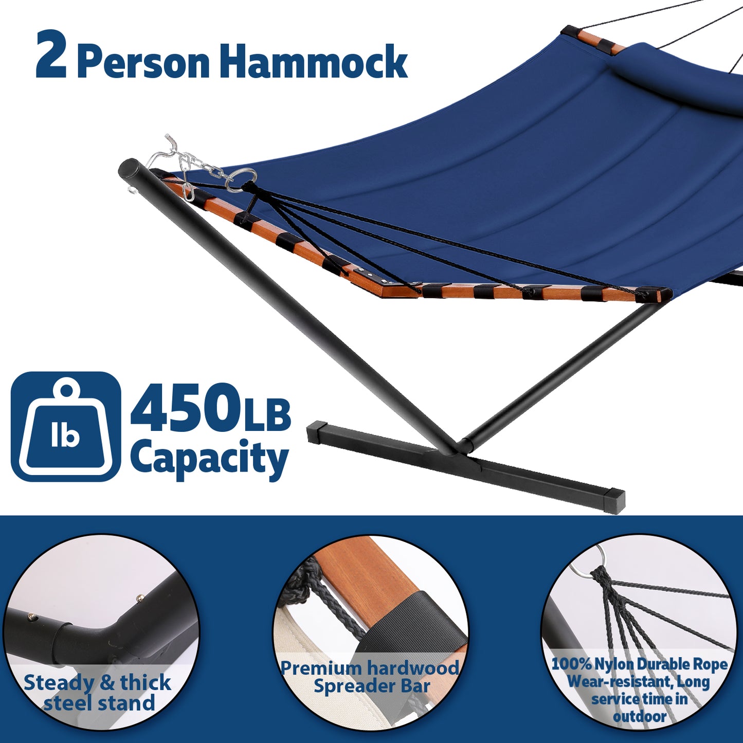TegerDeger 12FT 2 Person Hammock with Stand Included 55 x 79IN Large Hammock 450LB Capacity with Hardwood Spreader Bar & Nylon Rope for Outside, Patio, Garden, Backyard, Beach, Poolside - Blue