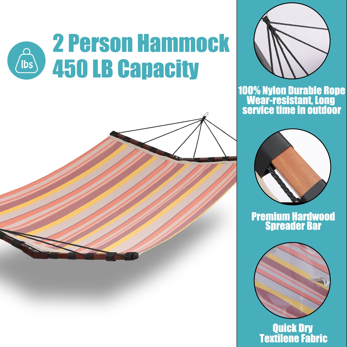 TegerDeger 12FT 2 Person Hammock Large Hammock Quick Dry 450LB Capacity with V Shaped Hardwood Spreader Bar & Nylon Rope for Outside, Patio, Garden, Backyard, Beach, Poolside - Coral Red Stripes