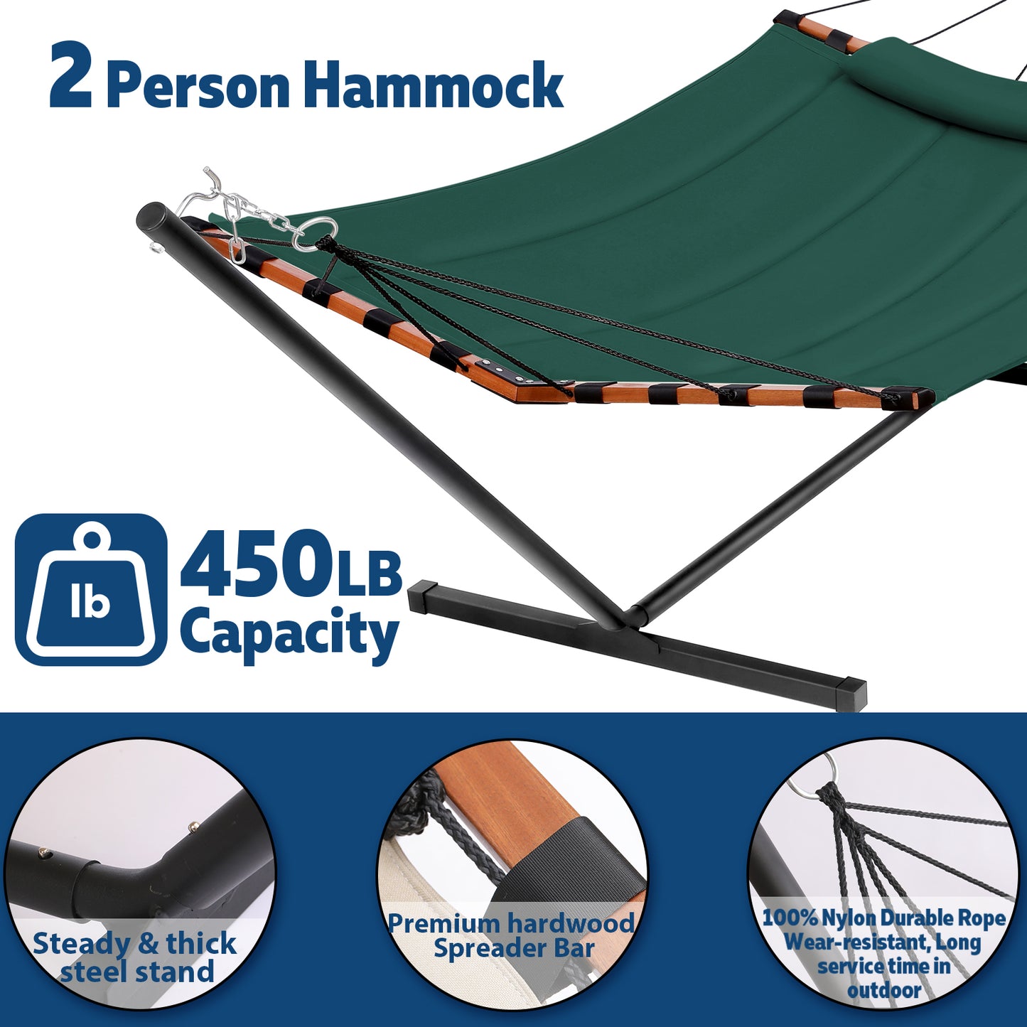 TegerDeger 12FT 2 Person Hammock with Stand Included 55 x 79IN Large Hammock 450LB Capacity with Hardwood Spreader Bar & Nylon Rope for Outside, Patio, Garden, Backyard, Beach, Poolside - Dark Green