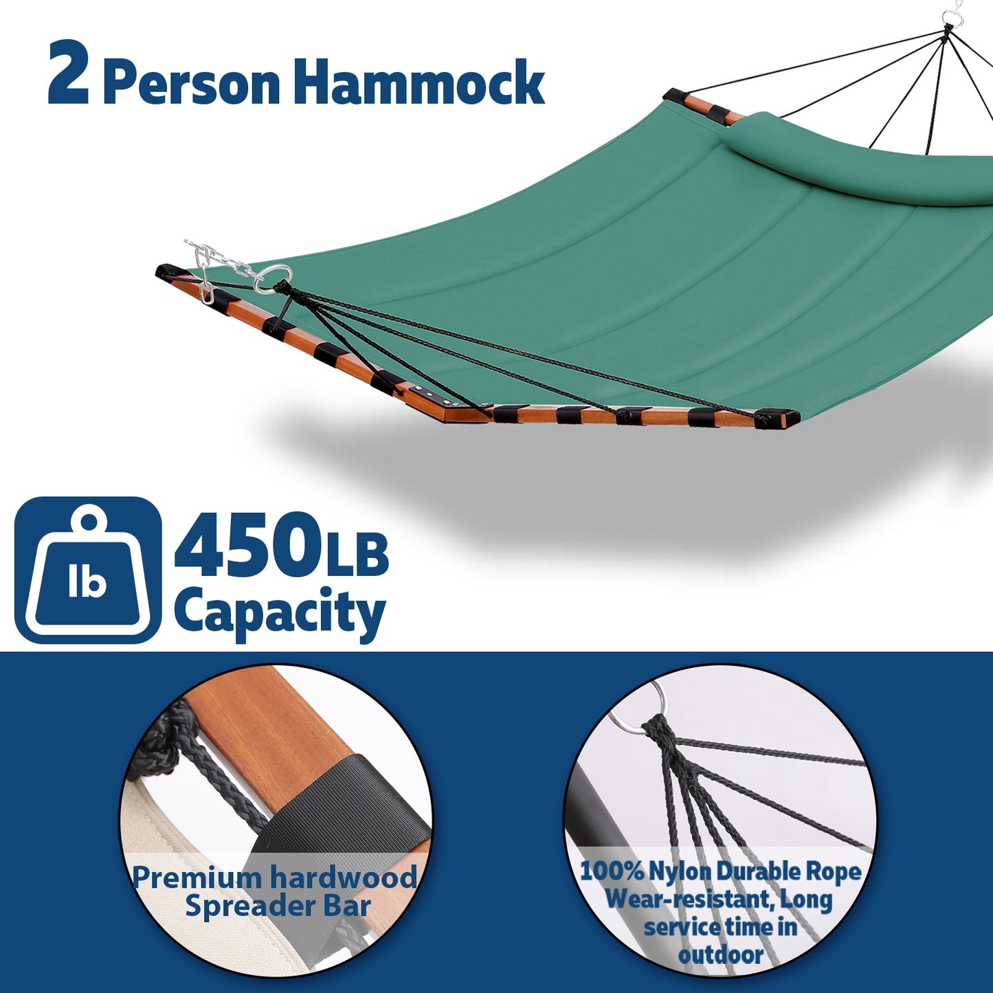 TegerDeger 12FT 2 Person Hammock Large Hammock 450LB Capacity with V Shaped Hardwood Spreader Bar & Nylon Rope for Outside, Patio, Garden, Backyard, Beach, Poolside - Lake Blue