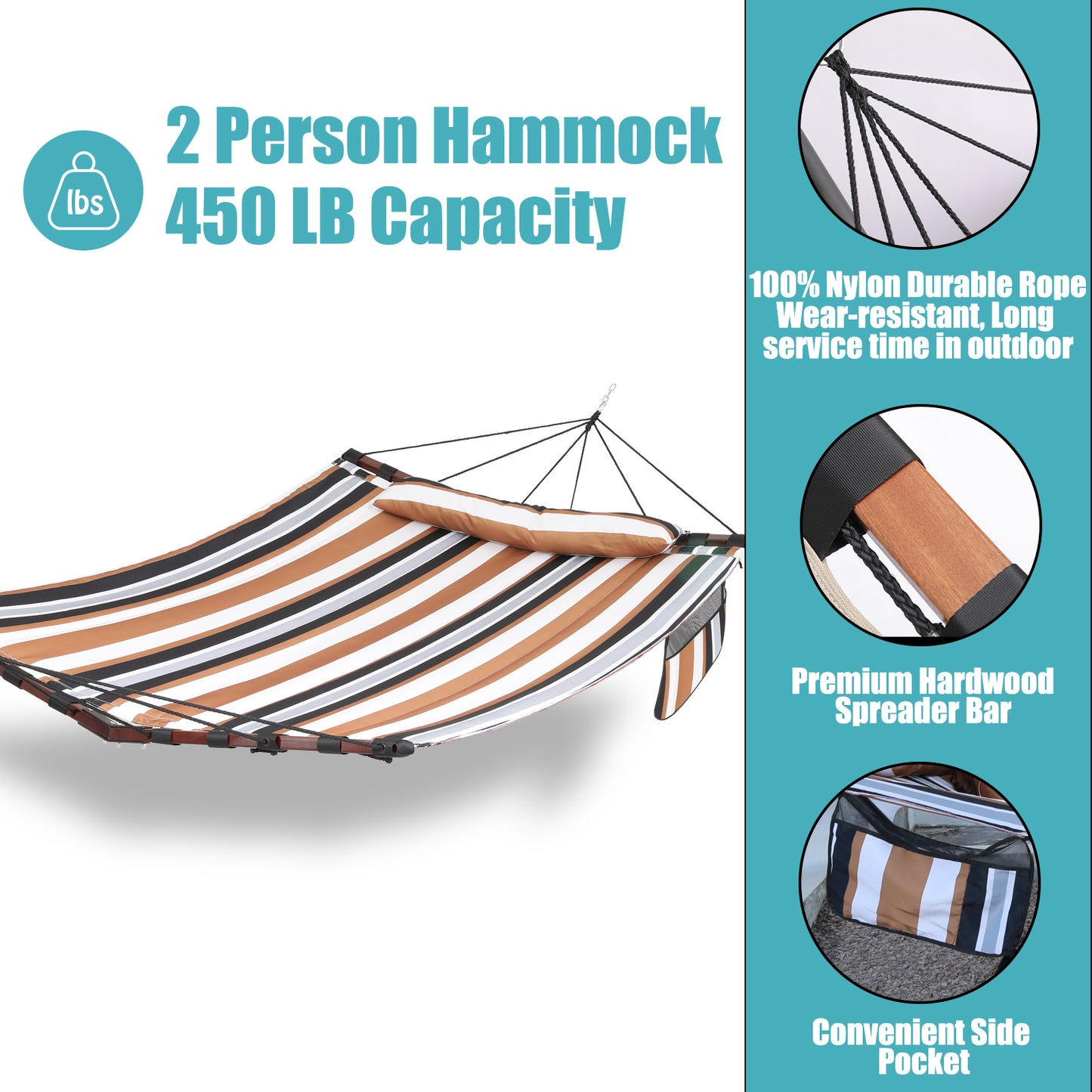 12FT 2 Person Hammock Large Hammock 450LB Capacity with V Shaped Hardwood Spreader Bar & Nylon Rope for Outside, Patio, Garden, Backyard, Beach, Poolside - Coffee Stripes