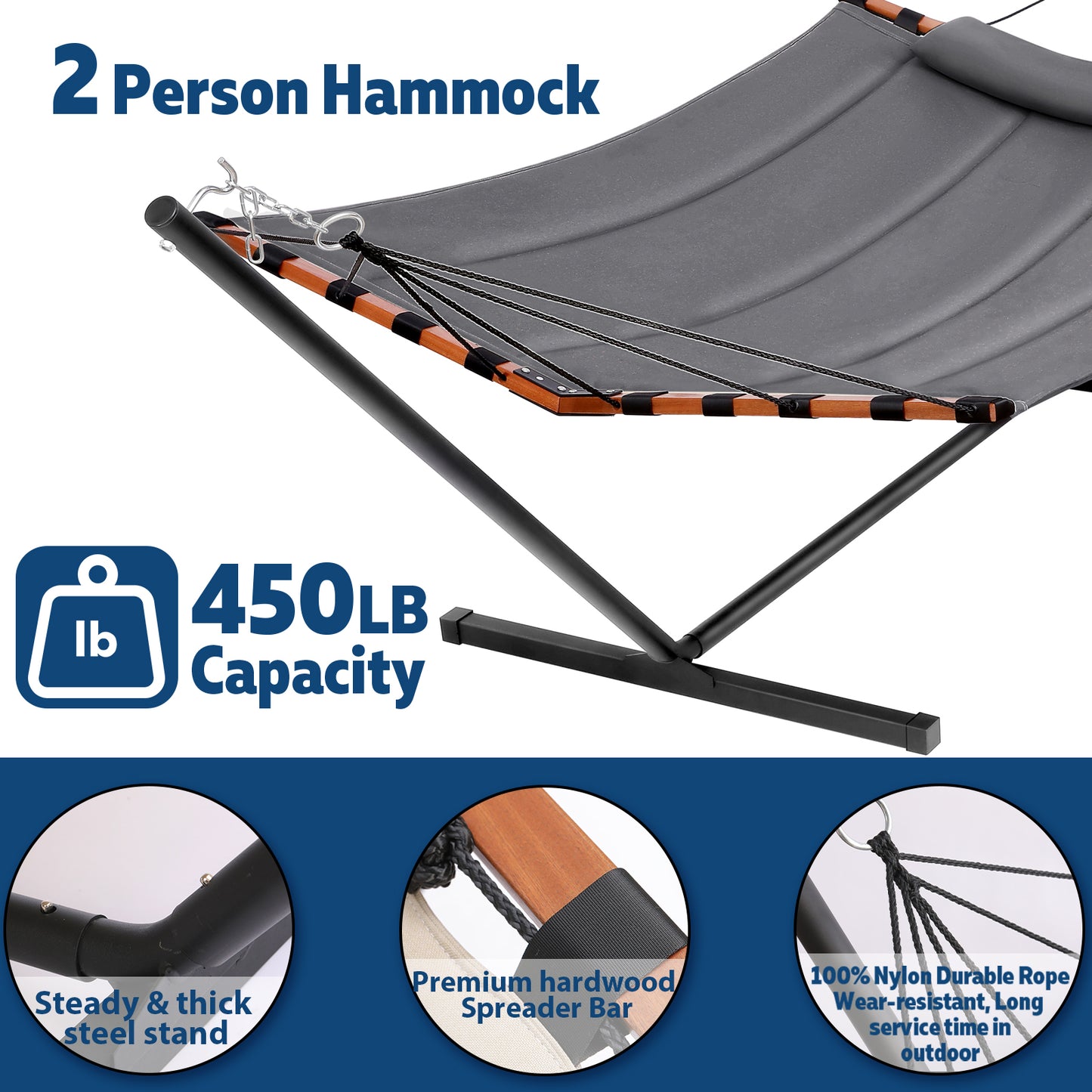 TegerDeger 12FT 2 Person Hammock with Stand Included 55 x 79IN Large Hammock 450LB Capacity with Hardwood Spreader Bar & Nylon Rope for Outside, Patio, Garden, Backyard, Beach, Poolside - Gray