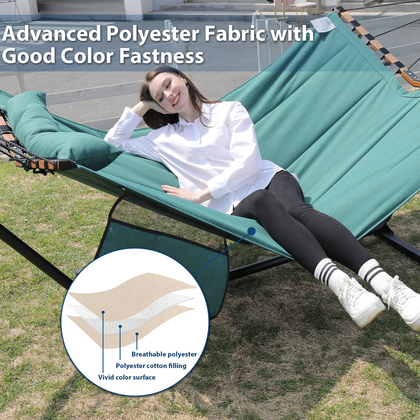 TegerDeger 12FT 2 Person Hammock with Stand Included 55 x 79IN Large Hammock 450LB Capacity with Hardwood Spreader Bar & Nylon Rope for Outside, Patio, Garden, Backyard, Beach, Poolside - Lake Blue
