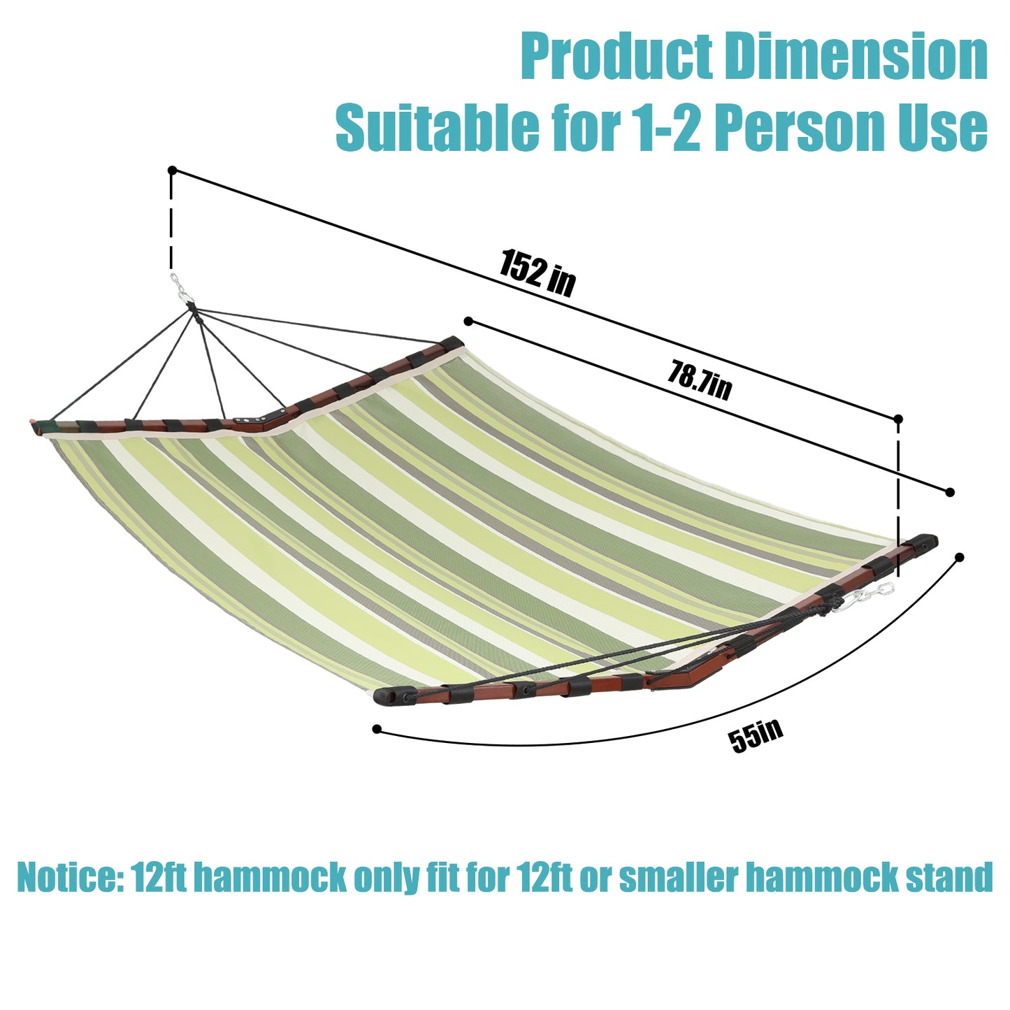 TegerDeger 12FT 2 Person Hammock Large Hammock Quick Dry 450LB Capacity with V Shaped Hardwood Spreader Bar & Nylon Rope for Outside, Patio, Garden, Backyard, Beach, Poolside - Tender Green Stripes