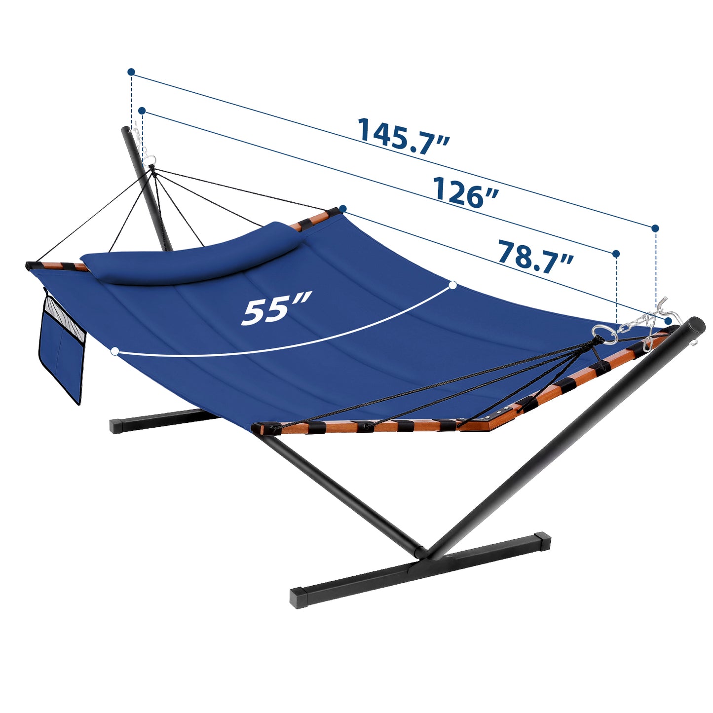 TegerDeger 12FT 2 Person Hammock with Stand Included 55 x 79IN Large Hammock 450LB Capacity with Hardwood Spreader Bar & Nylon Rope for Outside, Patio, Garden, Backyard, Beach, Poolside - Blue
