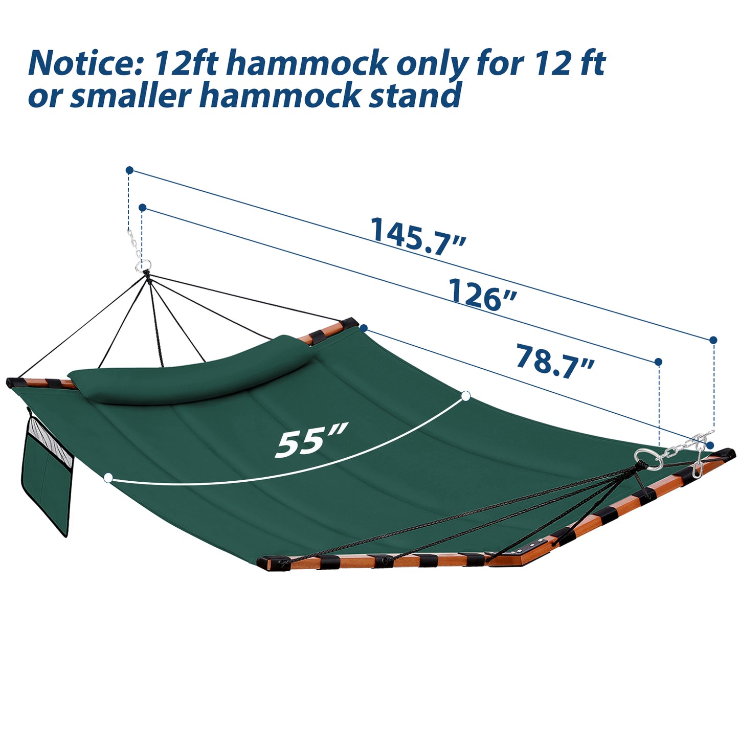 TegerDeger 12FT 2 Person Hammock Large Hammock 450LB Capacity with V Shaped Hardwood Spreader Bar & Nylon Rope for Outside, Patio, Garden, Backyard, Beach, Poolside - Dark Green