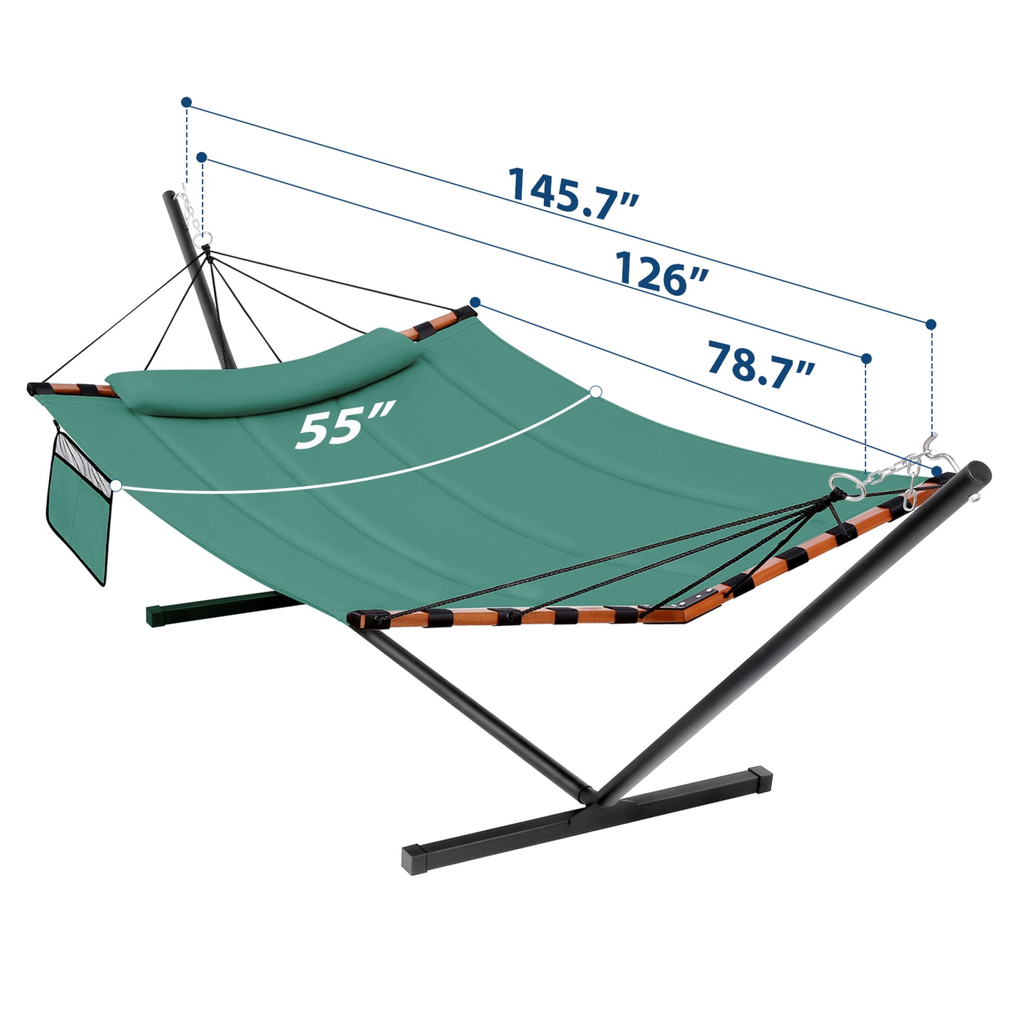 TegerDeger 12FT 2 Person Hammock with Stand Included 55 x 79IN Large Hammock 450LB Capacity with Hardwood Spreader Bar & Nylon Rope for Outside, Patio, Garden, Backyard, Beach, Poolside - Lake Blue